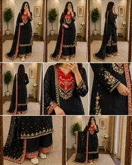 Sequence Embroidery Work Designer Kurti Palazzo Dupatta Set