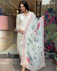 Premium Organza Digital Print work Summer Wear Kurti Pant Dupatta Set (Stitched)
