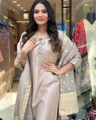 Roman Silk Jeckard Hand work Zari Weaving work Kurti Pant Dupatta Set (Stitched)