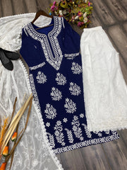 Thread Embroidery work Kurti Pant Dupatta Set (Stitched)