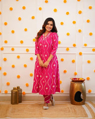 Neckline Thread Work Leheriya Kurti Pant Set (Stitched)