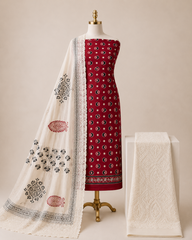 Soft Cotton Hand Blocked Ajrakh & Chikan Work 3Pc Dress Material(Unstitched)