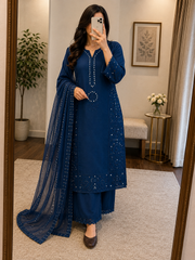 Mal Chanderi Real Mirror Work Designer 3Pc Kurti Pant Dupatta Set (Ready to Wear)