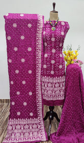 Modal Silk Lakhnavi Thread Embroidery work Bandhani Dress Material (Unstitched)