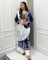 Thread Embroidery work Kurti Pant Dupatta Set (Stitched)