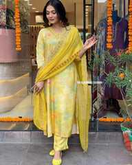 Muslin Silk digital Print with Embroidery work Kurti Pant Dupatta Set