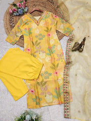 Muslin Silk digital Print with Embroidery work Kurti Pant Dupatta Set