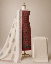 Soft Cotton Hand Block Ajrakh with Chikan Work Salwar Unstitched 3Pc Dress Material