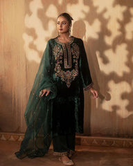 Neck Embroidery Work Winter Wear Velvet Kurti Pant Dupatta Set