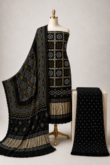 Modal Silk Golden Chex Work Jamnagar 3Pc Unstitched Dress Material