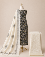 Soft Cotton Hand Blocked Ajrakh with Chikan Work Bottom 3pc Unstitched Dress Material