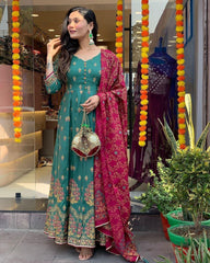 Roman Silk Foil Work Kurti Pant Dupatta Set (Stitched)