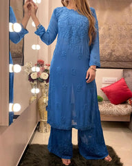 Rayon Chain Stitch Thread work Kurti Palazzo
