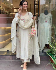 Pure Roman Silk Sequence Embroidery with Kodi Work Summer Special Kurti Pant Dupatta Set