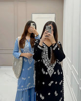 Rayon Cotton Chikankari Thread Embroidery work Kurti Sharara Set (Stitched)