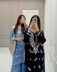 Rayon Cotton Chikankari Thread Embroidery work Kurti Sharara Set (Stitched)