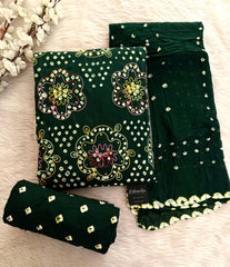 Soft Cotton Mirror Thread Work Bandhani Dress Material