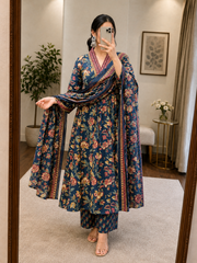 Soft Cotton Floral Print Work Flair Kurti Pant Dupatta Set (Ready to Wear)