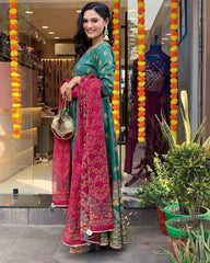 Roman Silk Foil Work Kurti Pant Dupatta Set (Stitched)