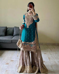 Real mirror Embroidery work Kurti Sharara Dupatta set