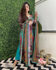 Muslin Real Mirror work Digital Print Party wear Kurti Pant Dupatta set