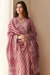 Moti Work Block Print work Kurti Pant Dupatta Set for Summer