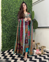Muslin Real Mirror work Digital Print Party wear Kurti Pant Dupatta set