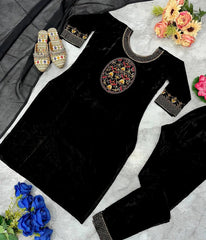 Winter Special Designer Black Velvet Kurti Pant Dupatta Set