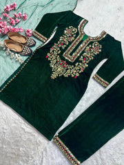 Neck Embroidery Work Winter Wear Velvet Kurti Pant Dupatta Set