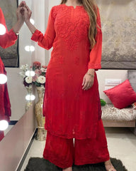 Rayon Chain Stitch Thread work Kurti Palazzo