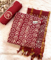 Hand Blocked Wax Batik Dress Material with Fumka work Dupatta (Unstitched)