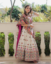 Muslin Digital Print With Mirror Work White Concept Navratri Special Designer Chaniya Choli