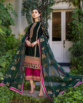 Thread Embroided winter Velvet Kurti Pant Dupatta Set (Stitched)