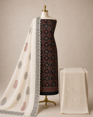 Soft Cotton Hand Block Ajrakh with Chikan Work Salwar Unstitched 3Pc Dress Material
