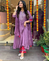 Mal Chanderi Silk Mirror work Alia Cut Kurti Palazzo Dupatta Set (Stitched)