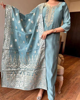 Viscose Chanderi Neck work Kurti Pant Dupatta Set