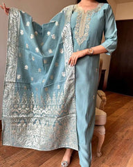Viscose Chanderi Neck work Kurti Pant Dupatta Set