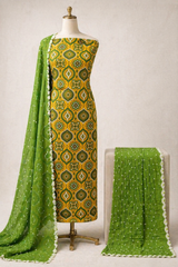 Soft Cotton Block Print Ajrakh Work Bandhani Dress Material