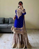 Real mirror Embroidery work Kurti Sharara Dupatta set