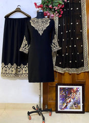 Georgette Zari Embroidery Stone neck work kurti Pant Dupatta Set