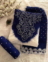 Soft Cotton Satin White Concept Kusum Neck work Bandhani Dress Material (Unstitched)