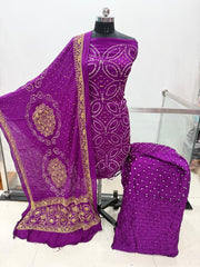 Modal Silk Original Hand Crafted Silk 3pc Bandhani Dress Material