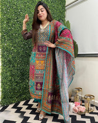 Muslin Real Mirror work Digital Print Party wear Kurti Pant Dupatta set