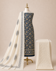 Soft Cotton Hand Blocked Ajrakh with Chikan Work Bottom 3pc Unstitched Dress Material