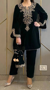 Neck Embroidery work Velvet Kurti Pant Set (Stitched)