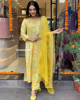 Muslin Silk digital Print with Embroidery work Kurti Pant Dupatta Set