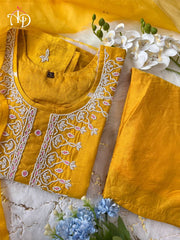 Moti Neck work Chanderi Silk Kurti Pant Dupatta Set