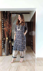 Reyon Gotq Lace work Print Kurti Pant Set