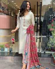 Jeckard Silk Embroidery Zari work Kurti Pant dupatta Set