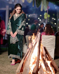 Zari Embroidery work Pakistani Velvet Kurti Pant Dupatta Set(Stitched)